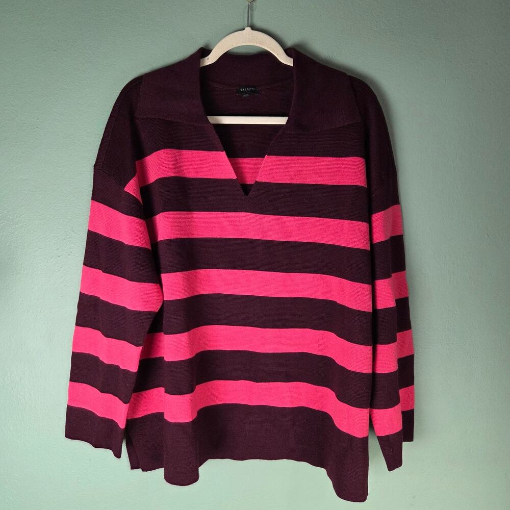 Talbots Womens 2X Milano Stitch Johnny Collar Sweater V-Neck Burgundy Striped